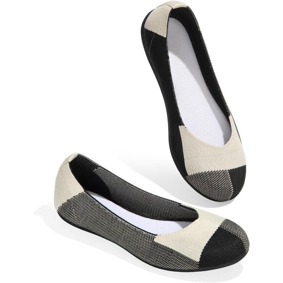 Shoes - Women's Knit Ballet Black White Flats Round Toe Comfortable Dressy Casual Shoes